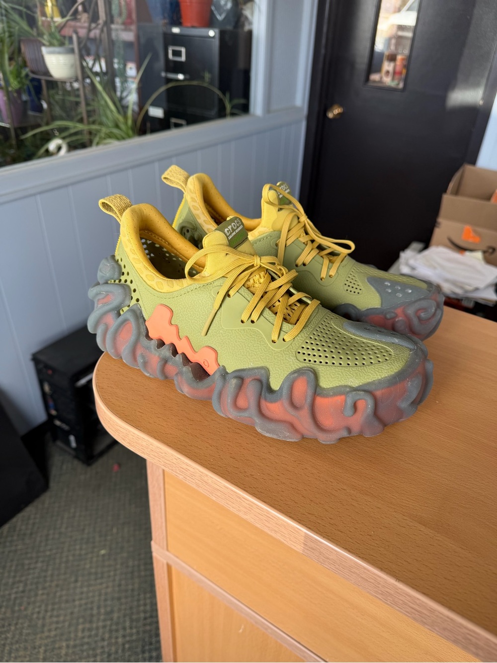CROCS Olive and Yellow Lace-Up Sneakers with Coral Accents